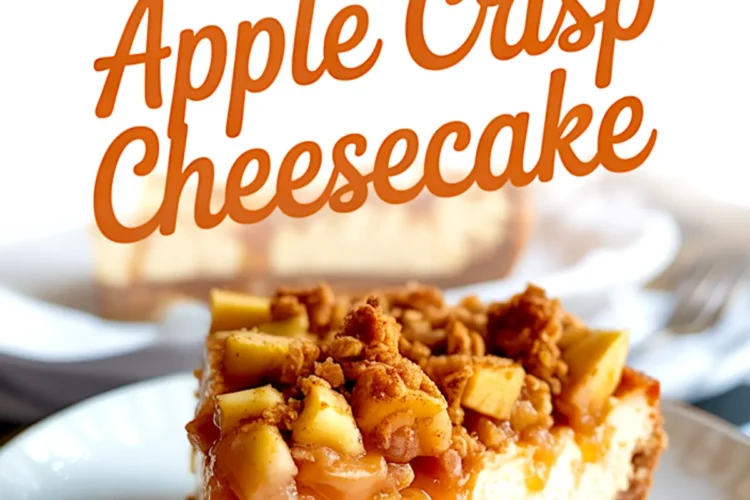 Apple crisp cheesecake slice on a white plate with caramel drizzle, featuring a graham cracker crust, creamy cheesecake layer, spiced apple chunks, and brown sugar oat crumble, with the whole cheesecake in the background.