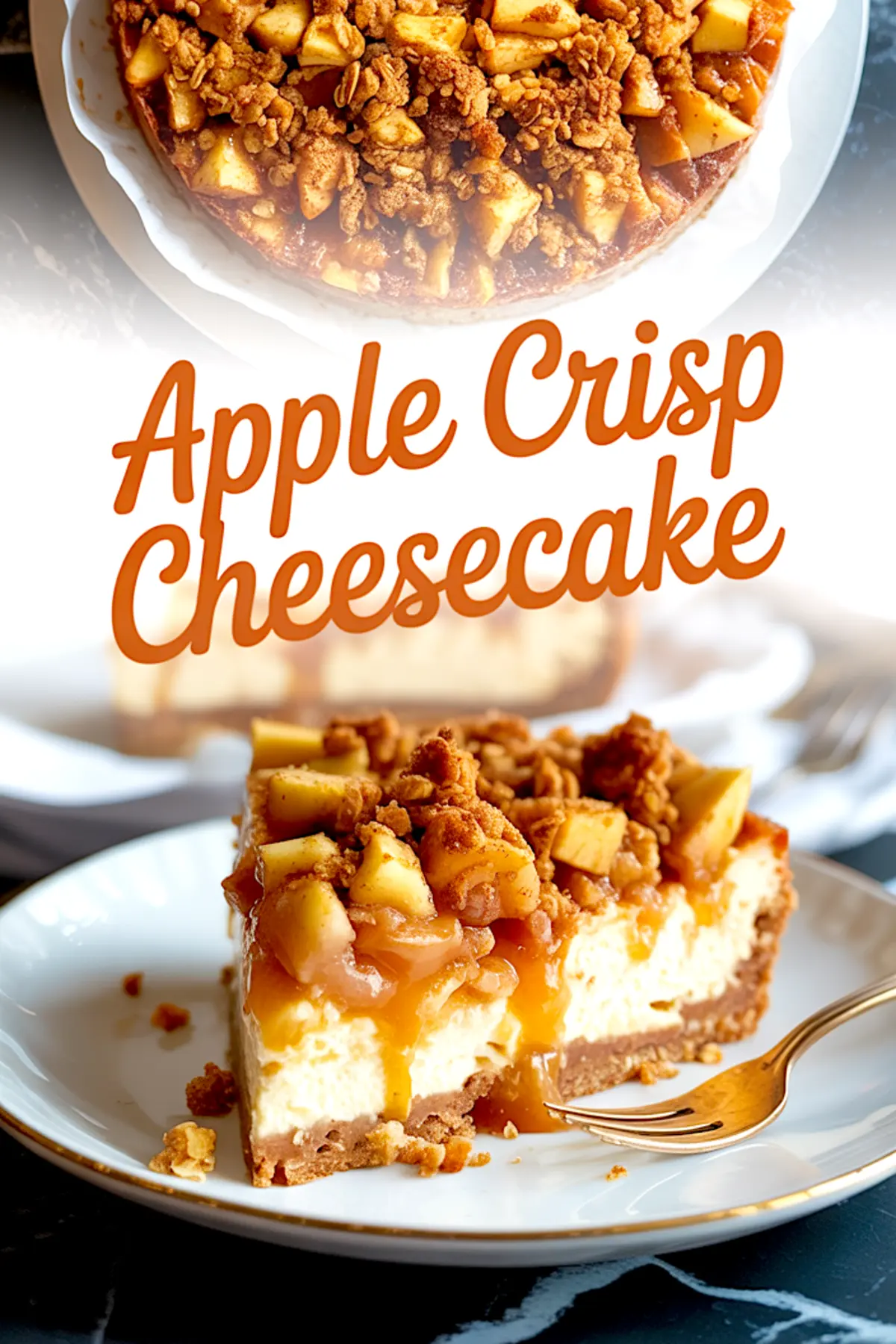 Apple crisp cheesecake slice on a white plate with caramel drizzle, featuring a graham cracker crust, creamy cheesecake layer, spiced apple chunks, and brown sugar oat crumble, with the whole cheesecake in the background.