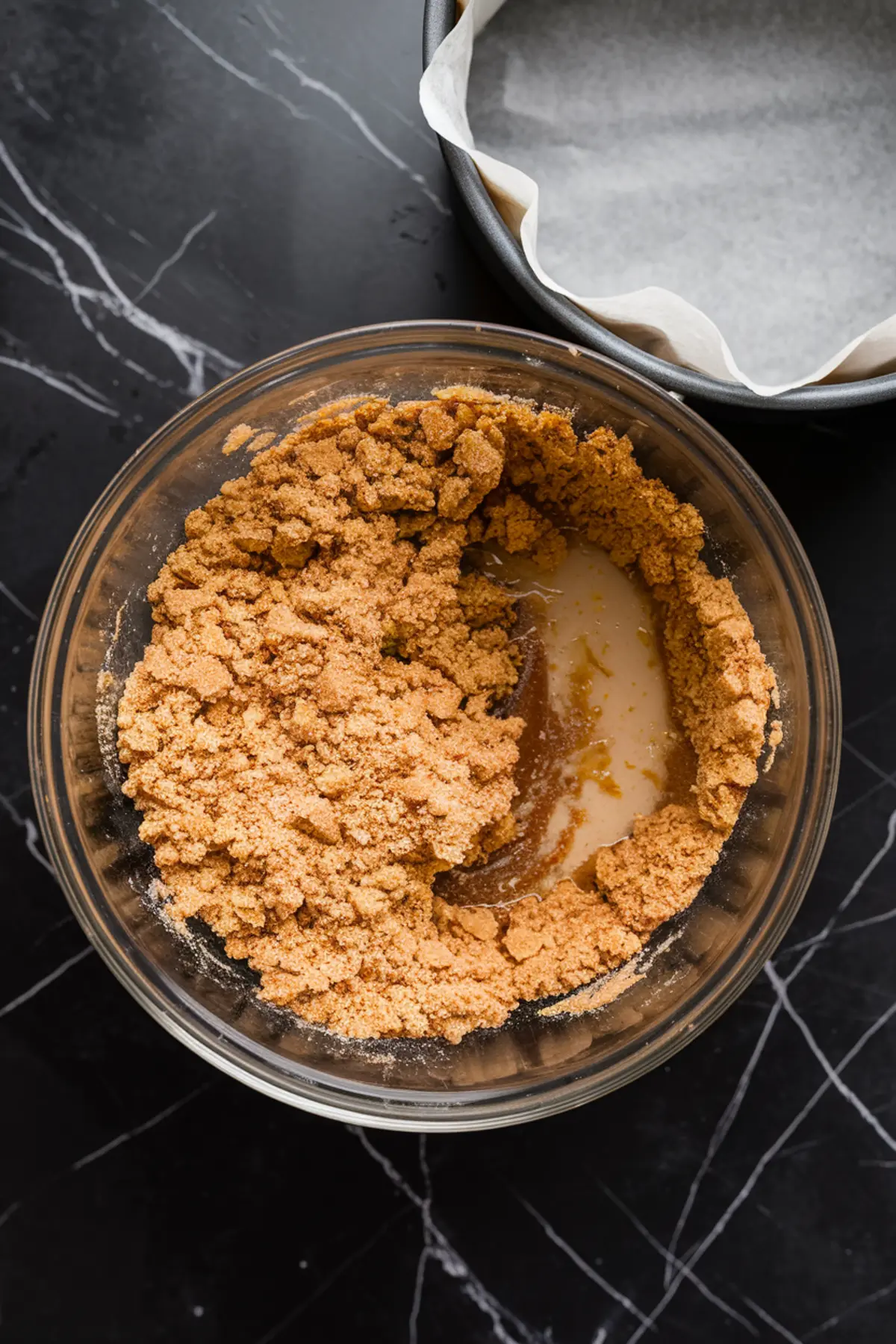 Graham cracker crust mixture in a glass bowl next to a parchment-lined springform pan, showing a partially mixed combination of crushed graham crackers and melted butter.
