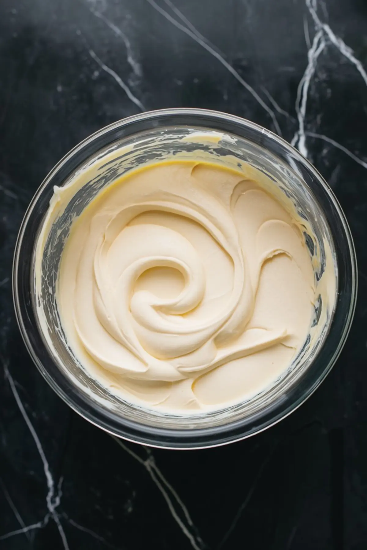 Glass bowl containing silky whipped cheesecake filling with smooth, swirled peaks, ready for spreading or piping.
