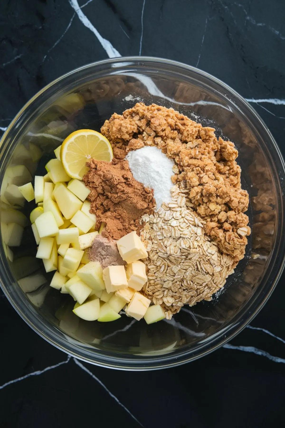 Glass mixing bowl filled with diced green apples, lemon half, cubed butter, rolled oats, brown sugar crumble, cinnamon, nutmeg, and baking powder, arranged for apple crisp topping preparation.
