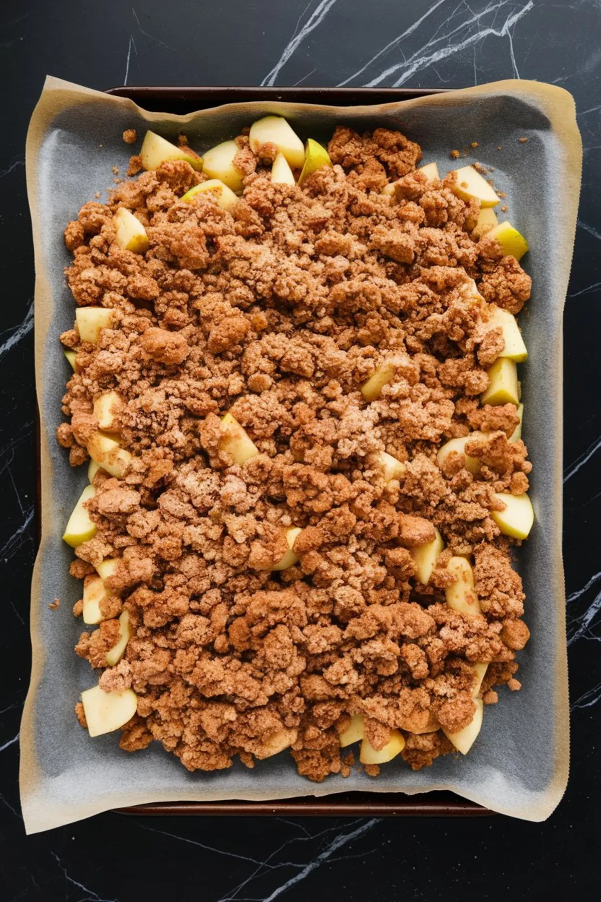 Baking sheet lined with parchment paper holding apple crisp topping mixture with diced apples and brown sugar oat crumble spread evenly before baking.
