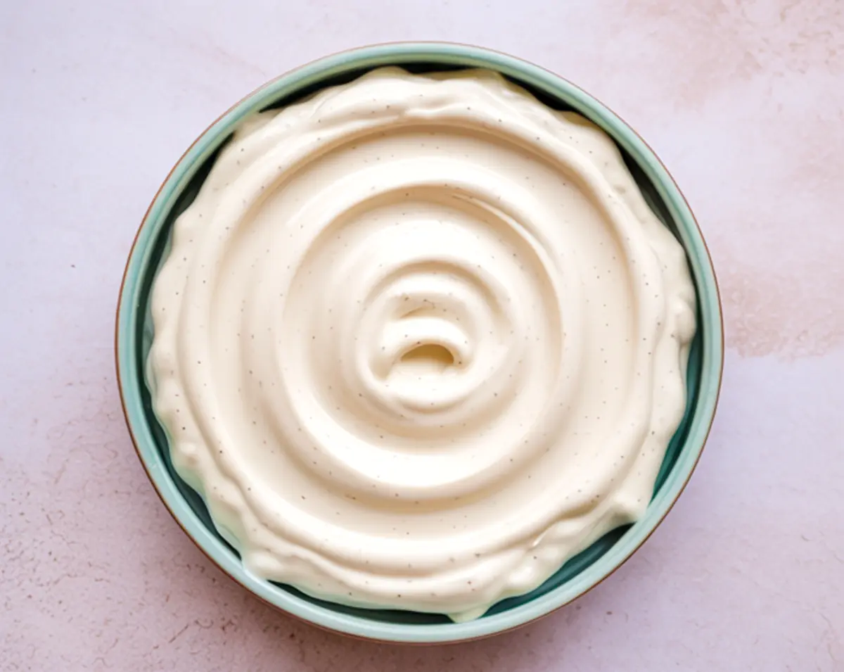 Bowl of velvety cream cheese apple dip with visible vanilla specks, presented with a smooth swirl for an inviting dessert or snack topping.