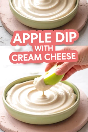 Collage image of a bowl filled with apple cream cheese dip, bold text overlay, and a close-up of a hand dipping a green apple slice into the luscious, thick dip.
