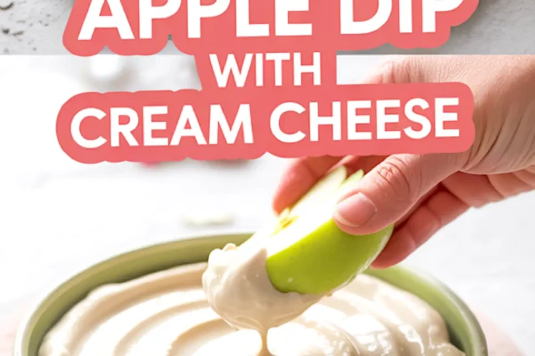 Collage image of a bowl filled with apple cream cheese dip, bold text overlay, and a close-up of a hand dipping a green apple slice into the luscious, thick dip.