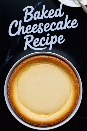 Freshly baked cheesecake with golden brown edges and smooth top displayed with text “Baked Cheesecake Recipe” on black background, showcasing how to make a cheesecake.