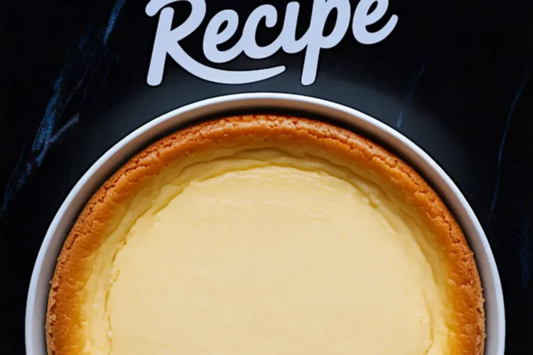 Freshly baked cheesecake with golden brown edges and smooth top displayed with text “Baked Cheesecake Recipe” on black background, showcasing how to make a cheesecake.
