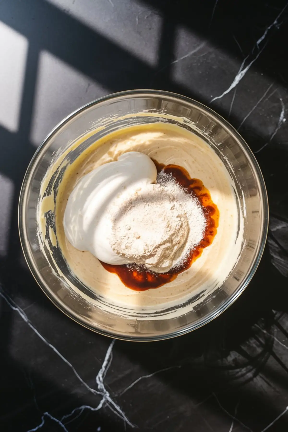 Glass bowl showing partially mixed cheesecake batter with added sour cream, vanilla extract, and flour on top, ready for blending for the best cheesecake recipe.
