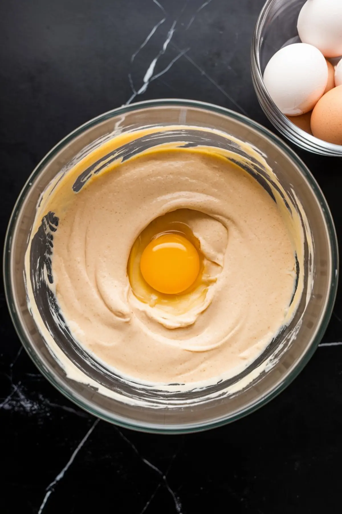 Glass bowl containing creamy cheesecake batter with a cracked egg in the center, ready to be mixed for creamy cheesecake recipes and cheesecake desserts.