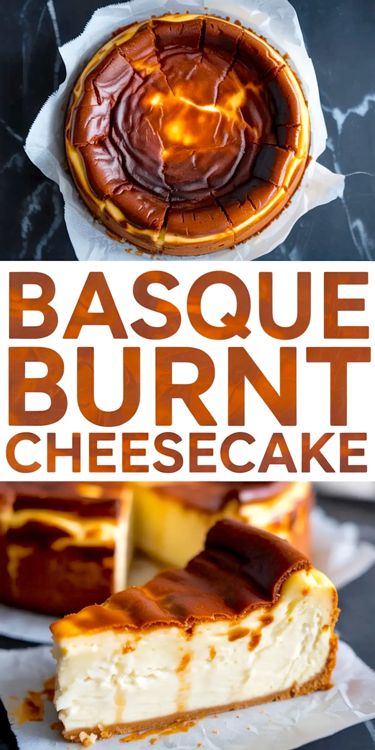 Overhead view of a whole Basque burnt cheesecake with a deeply caramelized top and creamy interior, set on parchment paper for a rustic presentation.
