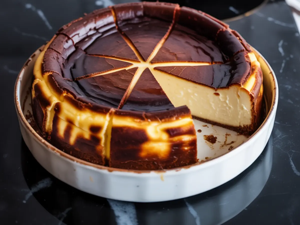 Baked Basque burnt cheesecake in a white ceramic dish with slices cut, revealing a smooth and creamy texture under the signature dark top.