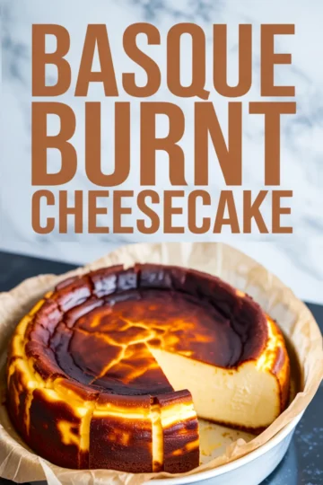 Partially sliced Basque burnt cheesecake with a golden brown top and rich custard-like filling, styled in parchment paper in a round baking pan.