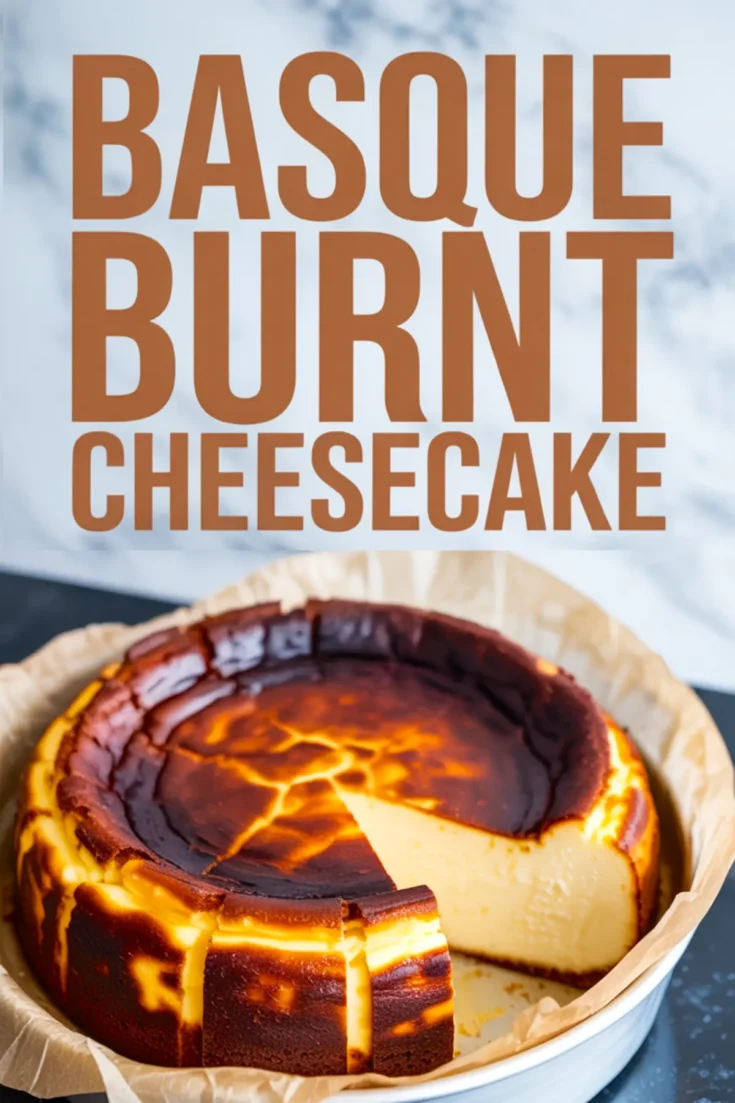 Partially sliced Basque burnt cheesecake with a golden brown top and rich custard-like filling, styled in parchment paper in a round baking pan.