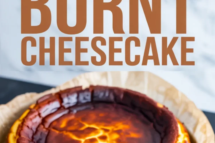Partially sliced Basque burnt cheesecake with a golden brown top and rich custard-like filling, styled in parchment paper in a round baking pan.