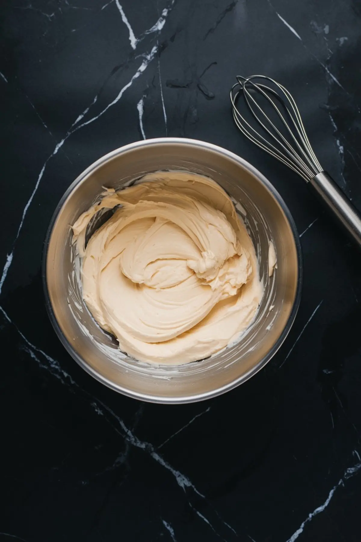 Whisked cream cheese batter in a metal mixing bowl with a balloon whisk beside it, sitting on a dark kitchen counter.