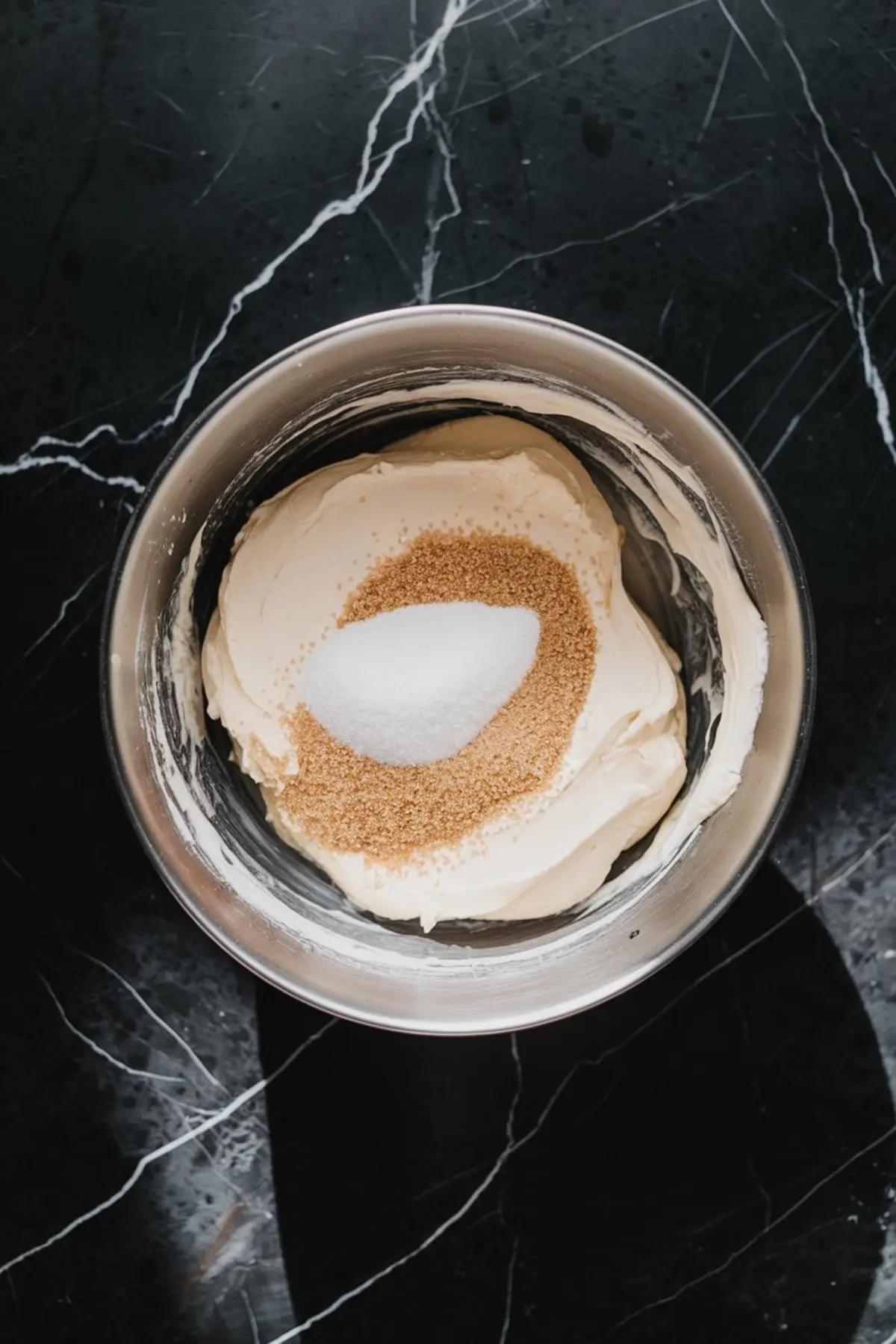 Stainless steel bowl with whipped cream cheese mixture and a pile of brown and white sugar on top, placed on a dark marble countertop.