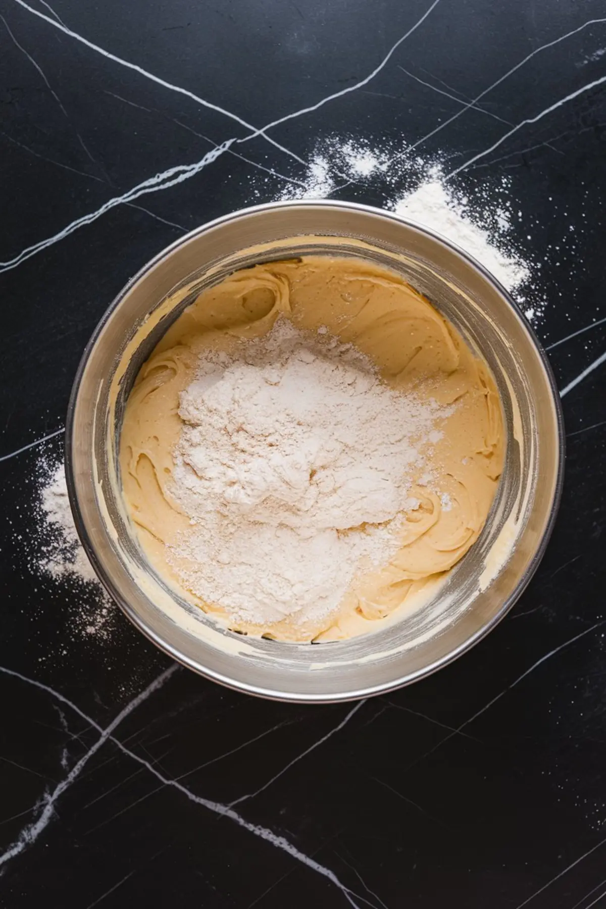 Mixing bowl filled with thick batter topped with a mound of flour, staged on a black marble surface with scattered flour around the bowl.