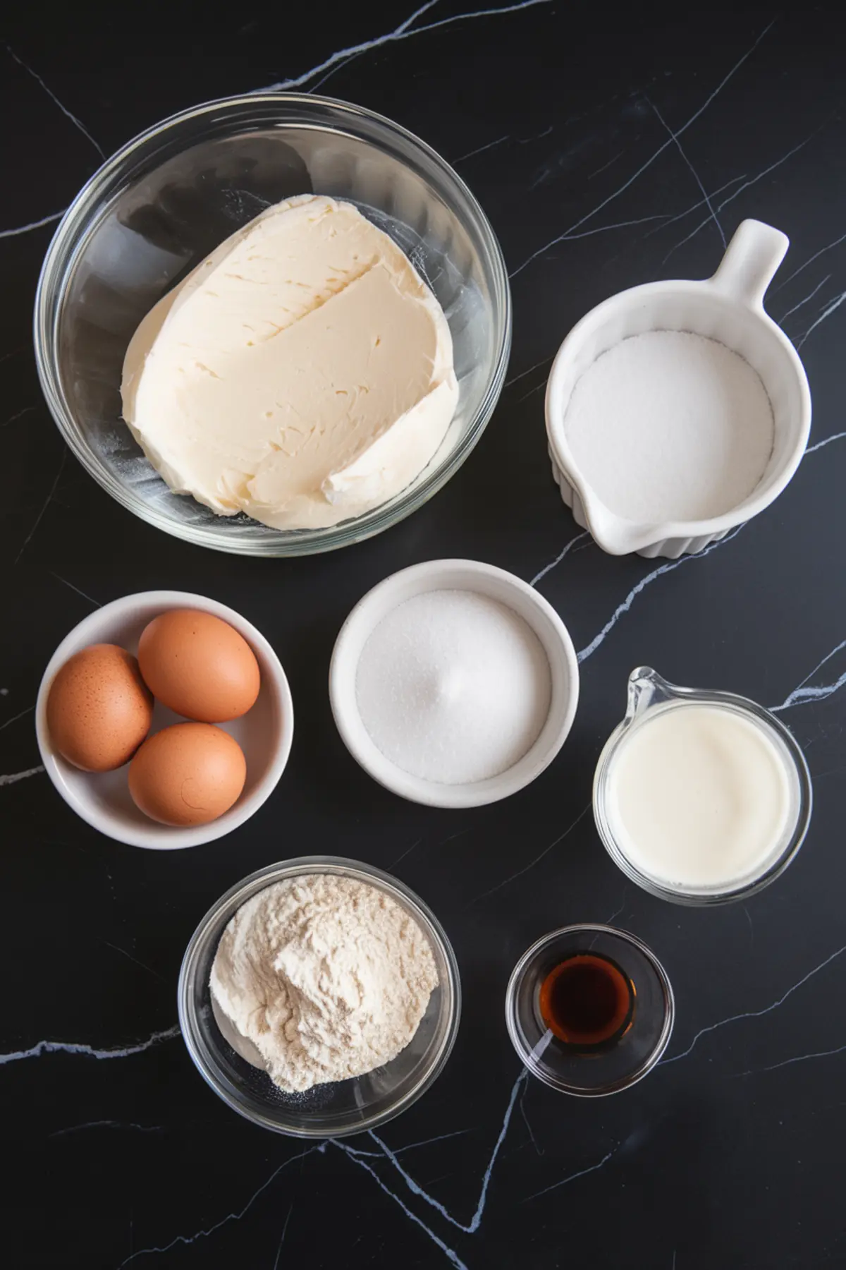 Flat lay of Basque burnt cheesecake ingredients including cream cheese, eggs, sugar, heavy cream, flour, and vanilla extract, all arranged in glass and ceramic bowls.