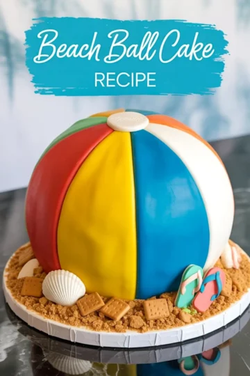 Round cake decorated to look like a colorful beach ball with red, yellow, blue, white, green, and orange fondant panels, placed on a cookie crumb base with edible seashells, graham crackers, and flip-flop decorations.