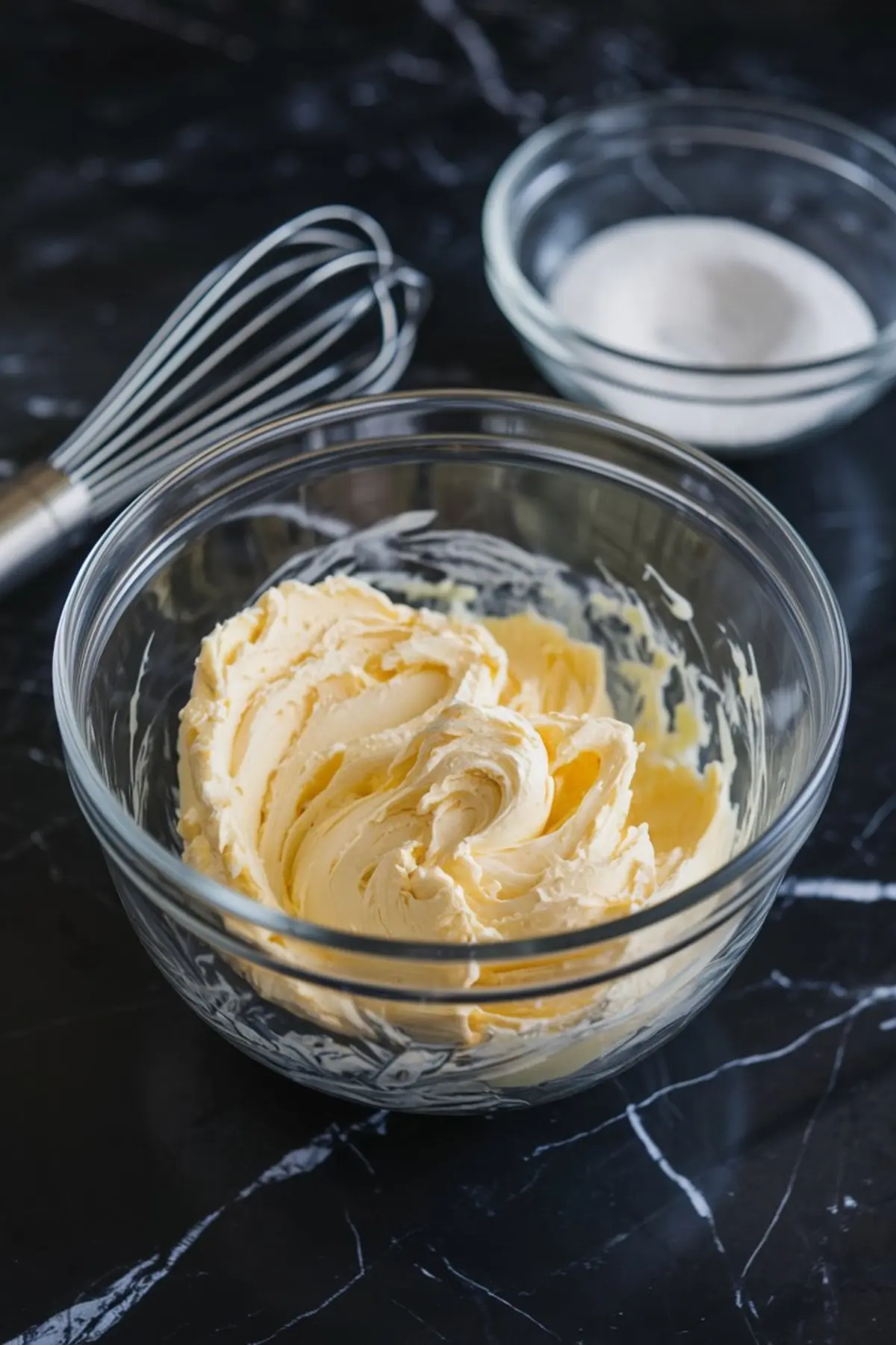 Buttercream frosting in a glass bowl on a black marble surface, with a metal whisk and a small bowl of sugar in the background.