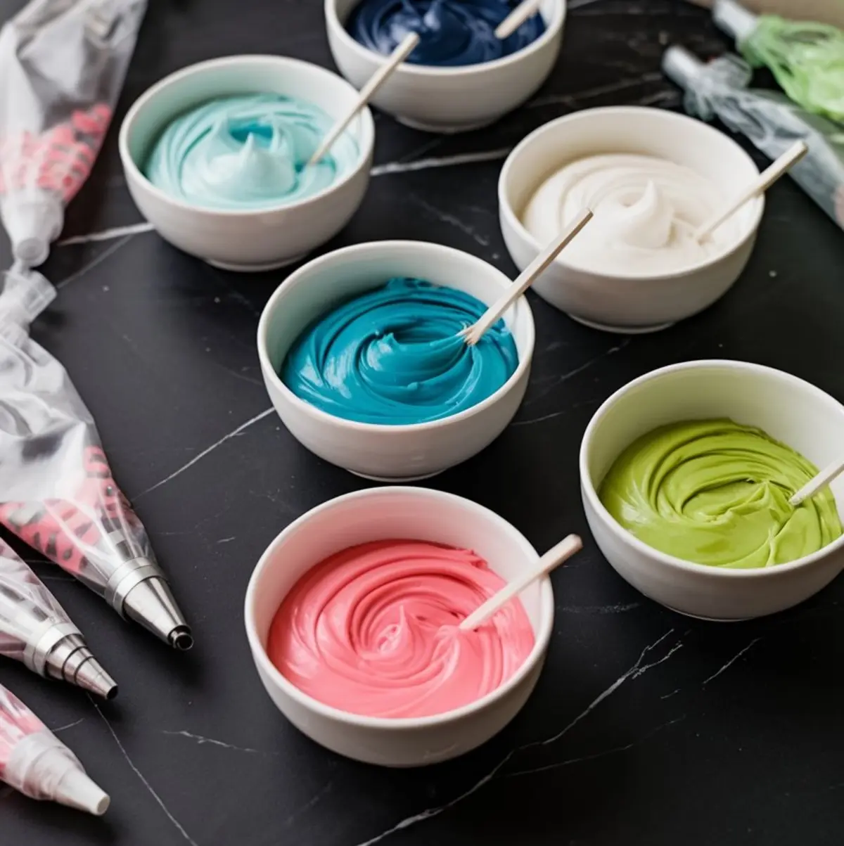 Assortment of brightly colored royal icing in white bowls including pink, teal, blue, white, green, and navy, surrounded by piping bags on a black marble counter.