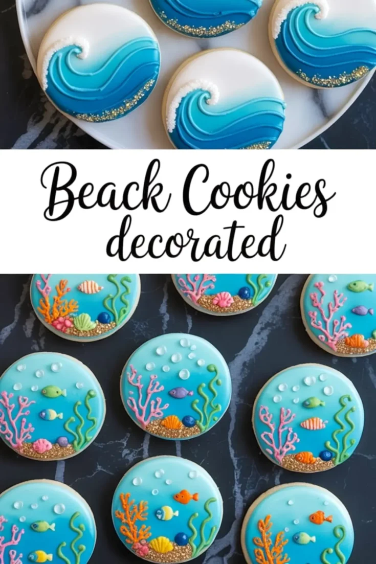Collage featuring wave cookies and underwater-themed cookies, both decorated with intricate icing details, including coral, fish, seaweed, and bubbly backgrounds.