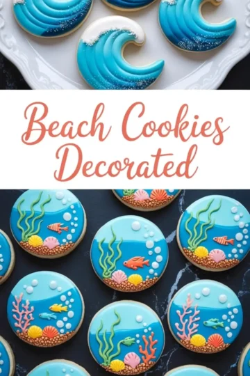 Collage featuring wave cookies and underwater-themed cookies, both decorated with intricate icing details, including coral, fish, seaweed, and bubbly backgrounds.