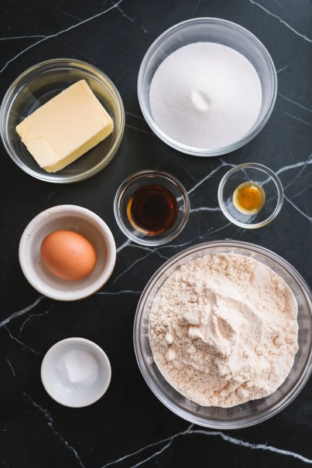 Overhead view of baking ingredients on a dark marble surface, including flour, butter, sugar, one egg, vanilla extract, almond extract, and baking soda.
