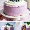 Light purple blueberry chiffon cake with whipped cream topping and a berry garnish, featuring sliced views that show layers of sponge cake with vibrant blueberry compote and fluffy whipped frosting.