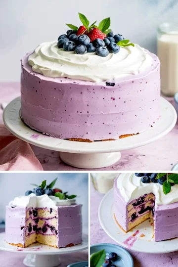 Light purple blueberry chiffon cake with whipped cream topping and a berry garnish, featuring sliced views that show layers of sponge cake with vibrant blueberry compote and fluffy whipped frosting.