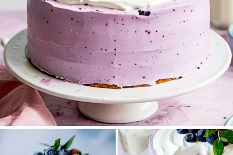 Light purple blueberry chiffon cake with whipped cream topping and a berry garnish, featuring sliced views that show layers of sponge cake with vibrant blueberry compote and fluffy whipped frosting.