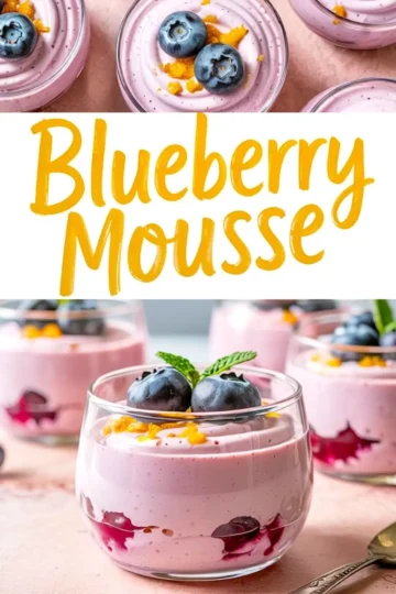 Top and side view of blueberry mousse in glass cups layered with berry compote, decorated with blueberries, orange zest, and mint sprigs, styled against a pink background.