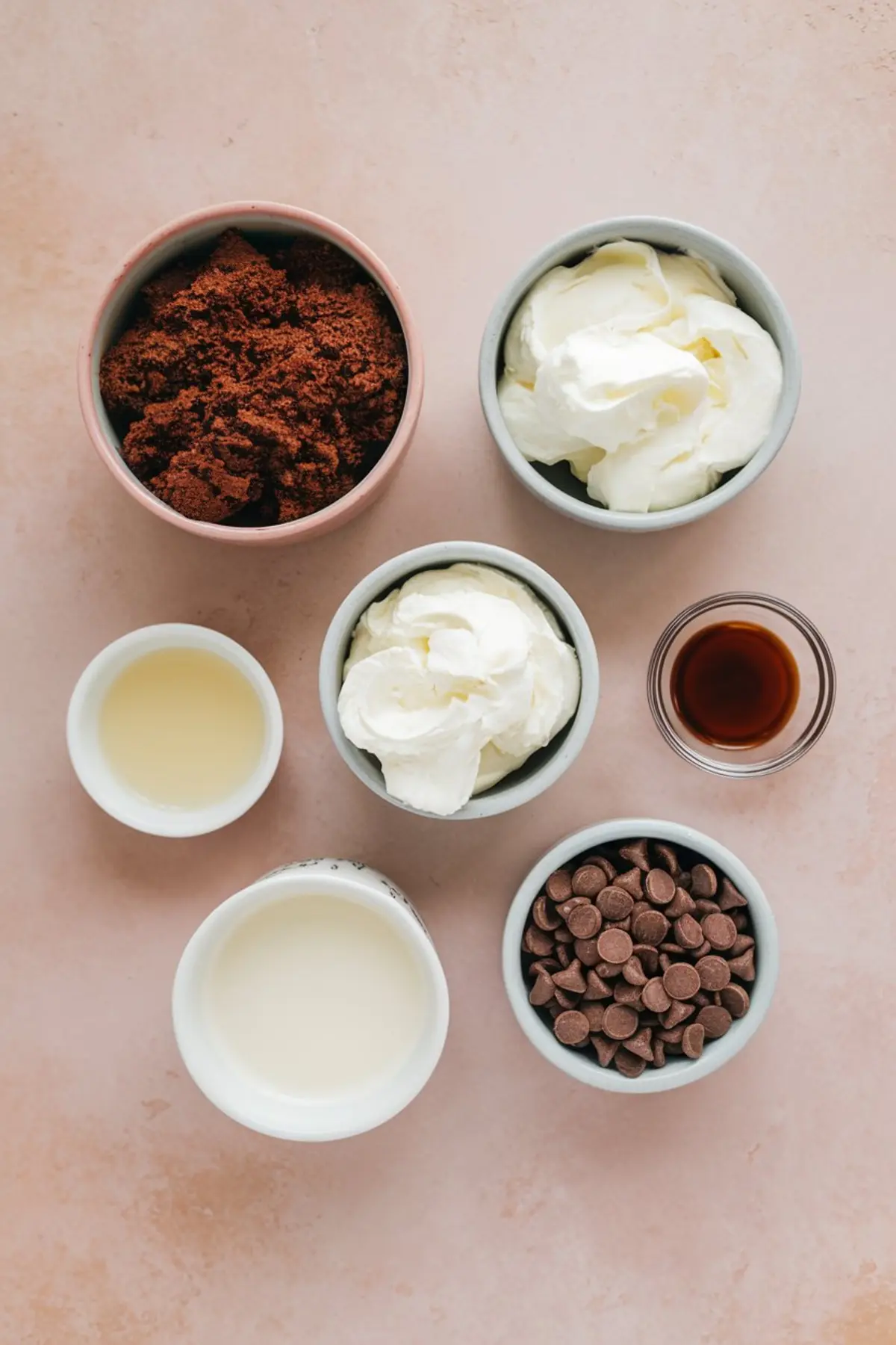 Flat lay of brownie dip ingredients in small bowls, including cocoa powder, whipped cream, cream cheese, vanilla extract, milk, chocolate chips, and possibly lemon juice.