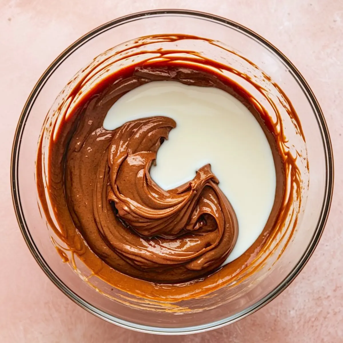 Glass bowl containing chocolate brownie batter and a swirl of white liquid, possibly sweetened condensed milk, partially mixed together.