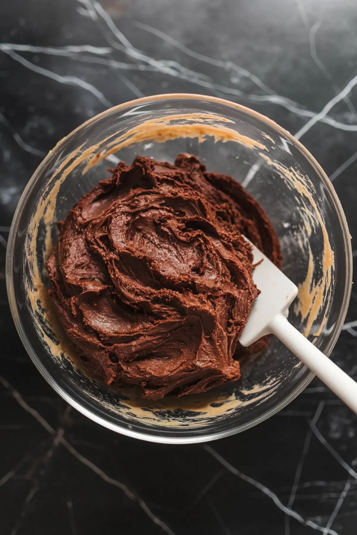 Thick brownie cookie dough with rich chocolate color sits in a glass mixing bowl with a white spatula, ready for scooping and baking.