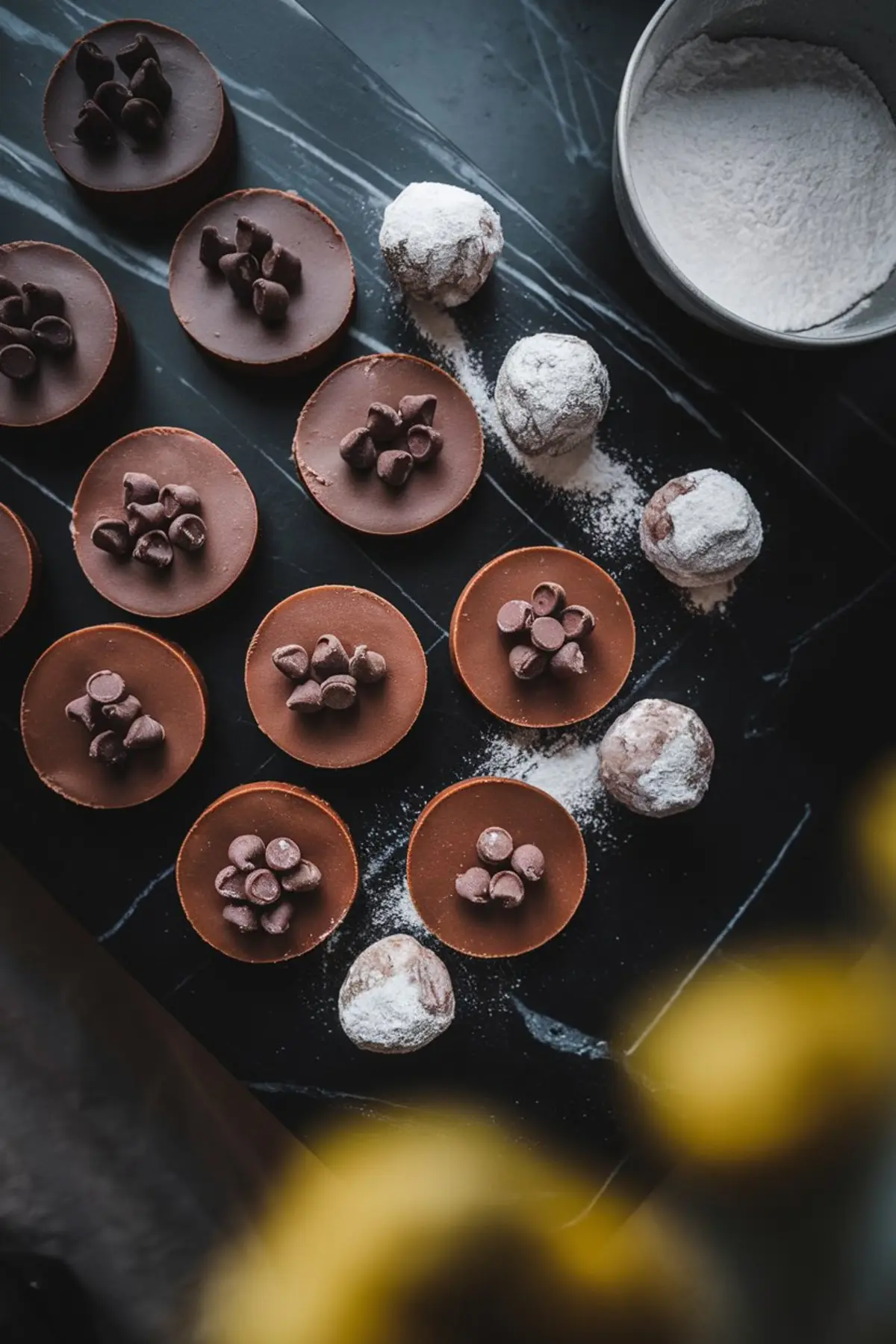 Round chocolate desserts topped with chocolate chips are arranged on a dark marble surface, alongside powdered sugar-dusted truffles and a bowl of flour, creating a rich dessert display.