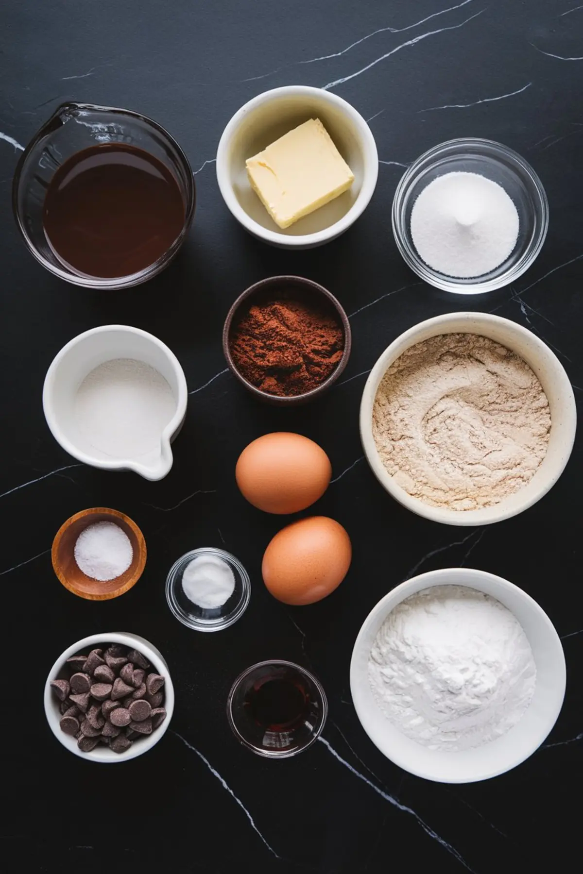 Flat lay of brownie crinkle cookie ingredients on a dark marble surface, including butter, cocoa powder, flour, sugar, chocolate chips, eggs, vanilla extract, baking soda, baking powder, and salt.