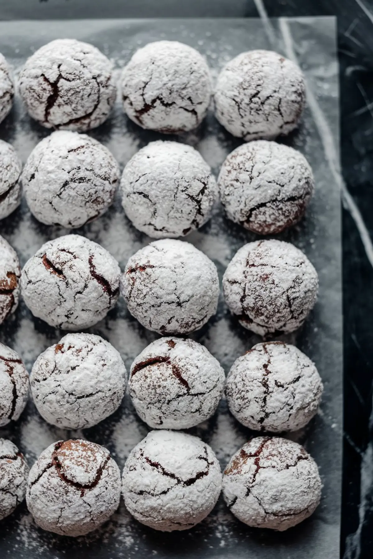 Freshly baked brownie crinkle cookies are arranged in rows on a parchment-lined tray, coated in powdered sugar with signature crackled surfaces exposing the rich chocolate inside.