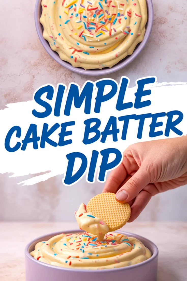 Collage featuring a bowl of cake batter dip with rainbow sprinkles on top, and a hand dipping a round cookie into the creamy dip, with text reading “Simple Cake Batter Dip.”