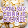 Pinterest collage displaying a plate of golden crinkle cookies with white powdered tops, overlaid with bold purple text reading “Cake Mix Crinkle Cookies.”