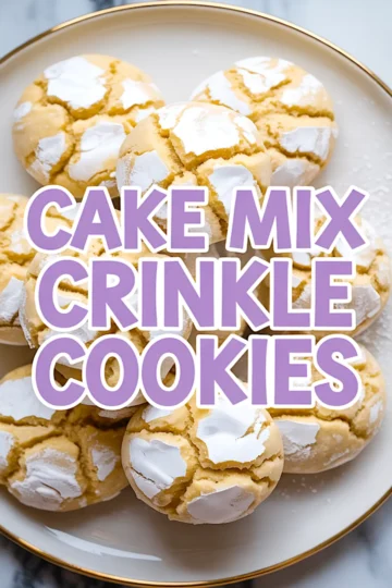 Pinterest collage displaying a plate of golden crinkle cookies with white powdered tops, overlaid with bold purple text reading “Cake Mix Crinkle Cookies.”