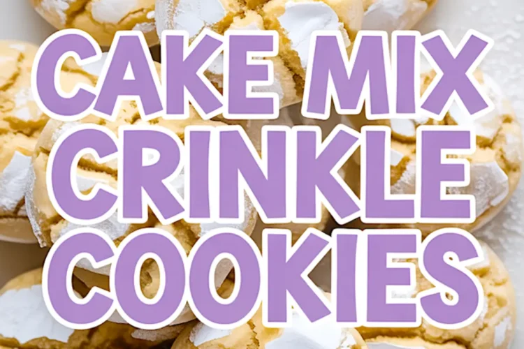 Pinterest collage displaying a plate of golden crinkle cookies with white powdered tops, overlaid with bold purple text reading “Cake Mix Crinkle Cookies.”