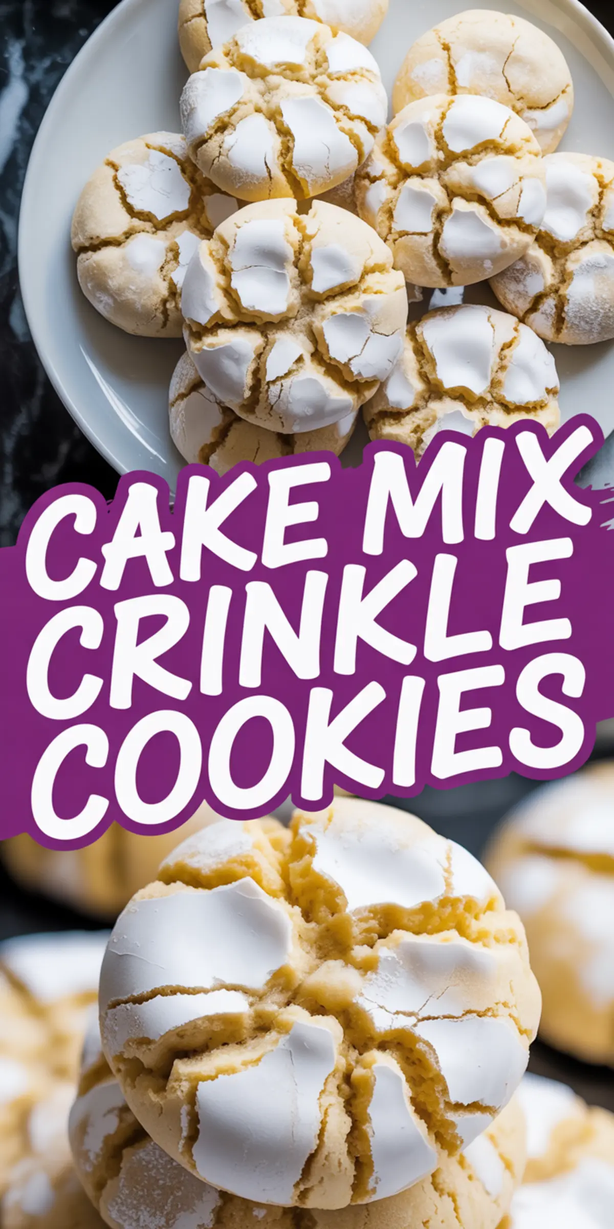 Pinterest collage featuring a full plate of baked crinkle cookies with deep powdered cracks and close-up detail of one cookie’s cracked top and fluffy texture.