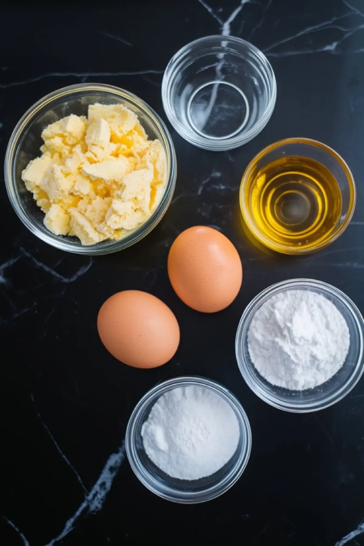 Flat lay of essential baking ingredients including softened butter, eggs, oil, powdered sugar, baking powder, and vanilla extract in glass bowls on a black countertop.