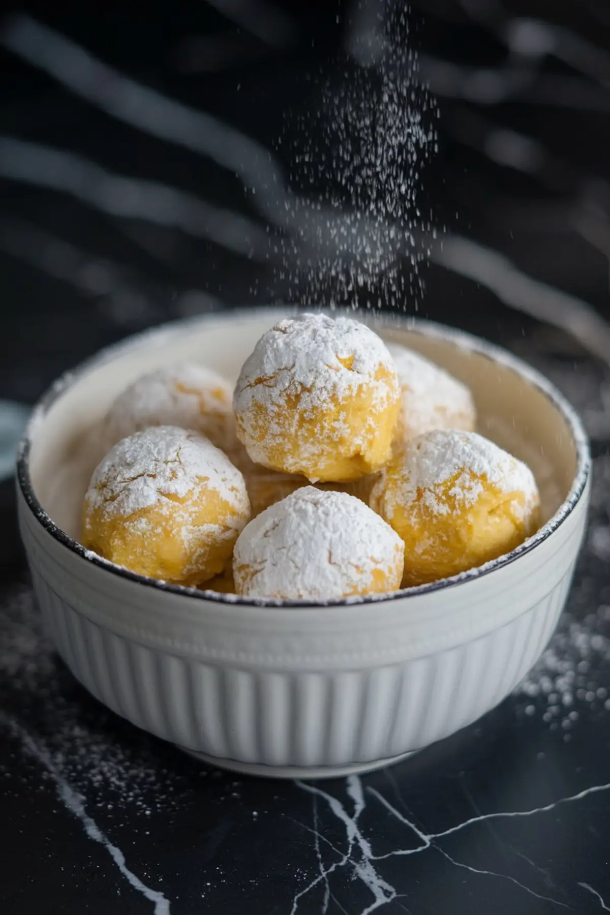 A ceramic bowl filled with golden yellow crinkle cookies generously coated in powdered sugar, with sugar dust falling from above on a dark marble surface.