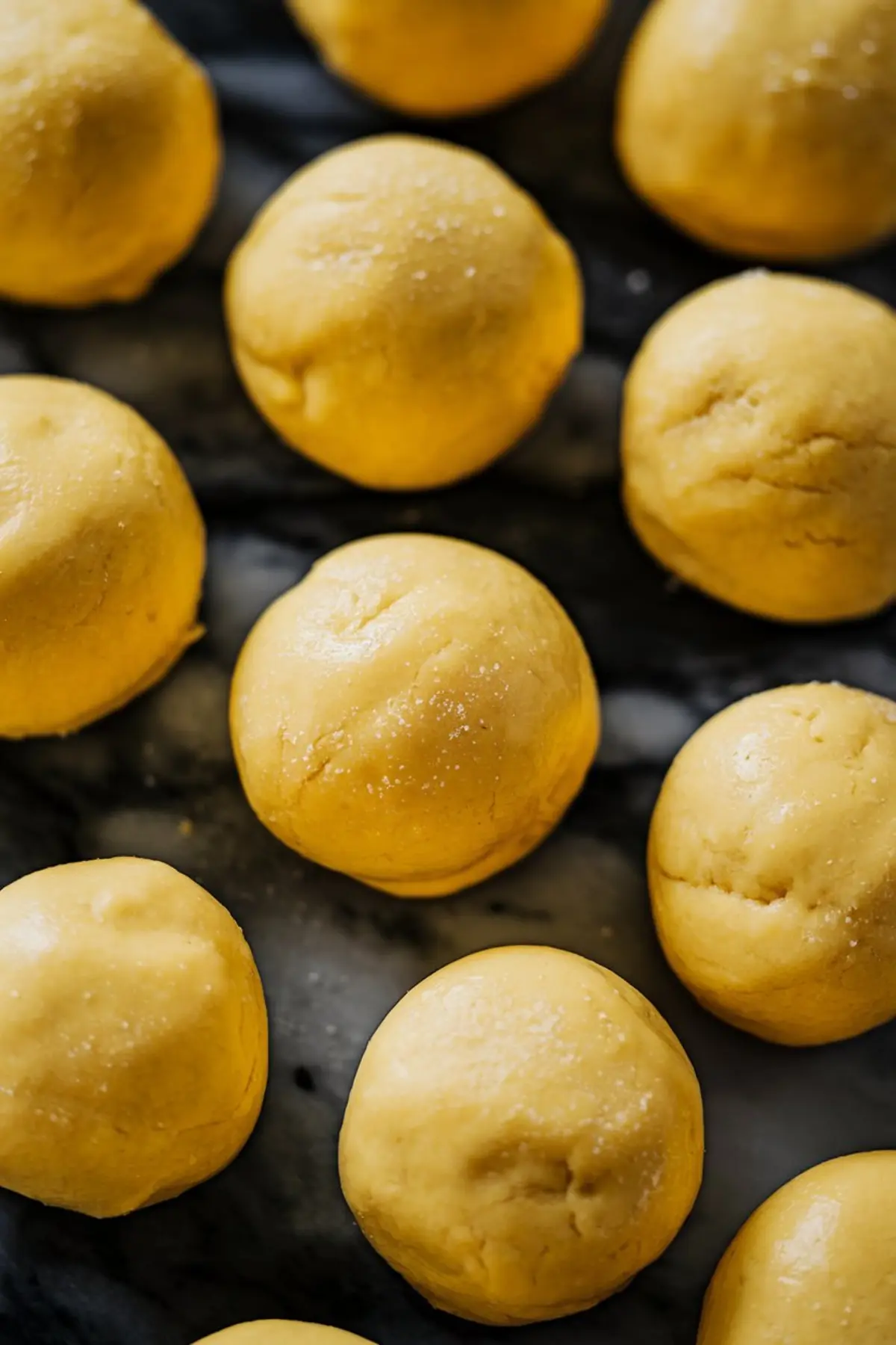 Close-up of smooth, rounded balls of raw yellow cookie dough arranged neatly on a black marbled countertop before baking.