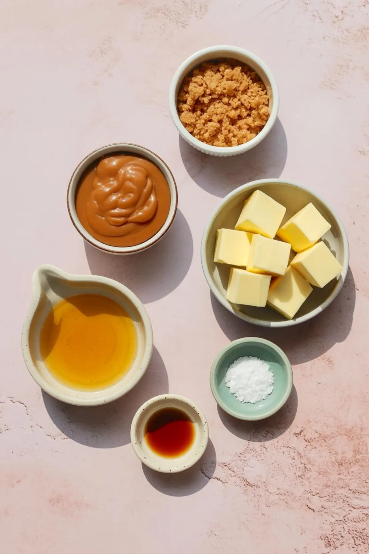 Flat lay of caramel apple dip ingredients on a pink background, including cubed butter, brown sugar, maple syrup, vanilla extract, flaky salt, and creamy dulce de leche.
