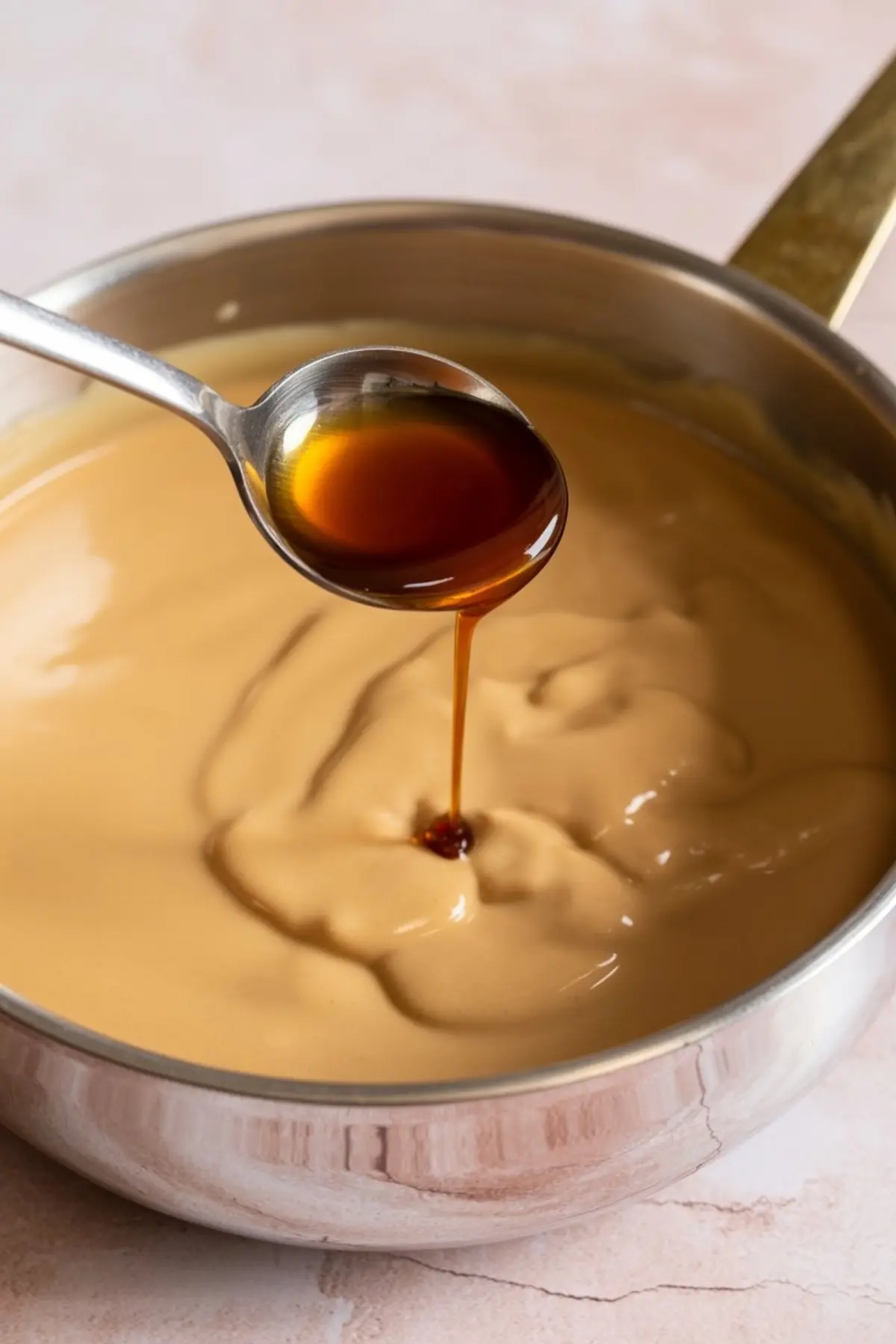 Vanilla extract being drizzled from a spoon into a saucepan of thick caramel sauce during cooking.
