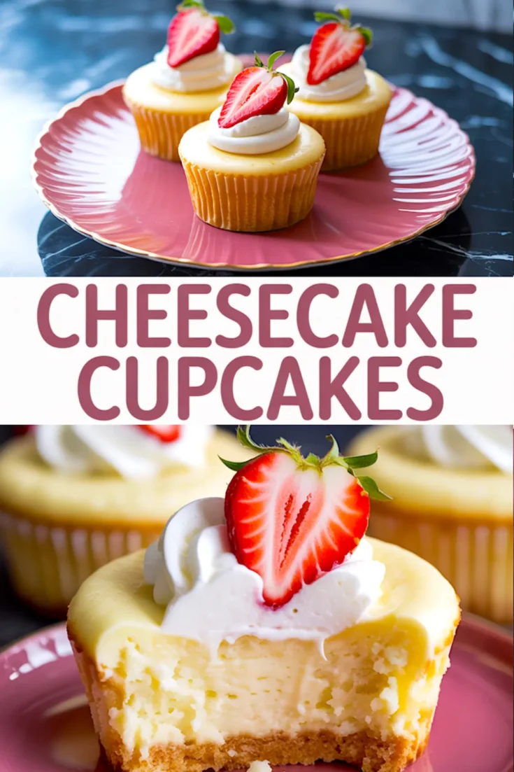 Collage showing three cheesecake cupcakes topped with whipped cream and strawberry halves on a pink plate, and a close-up of a cupcake with a bite showing creamy filling and graham cracker crust.