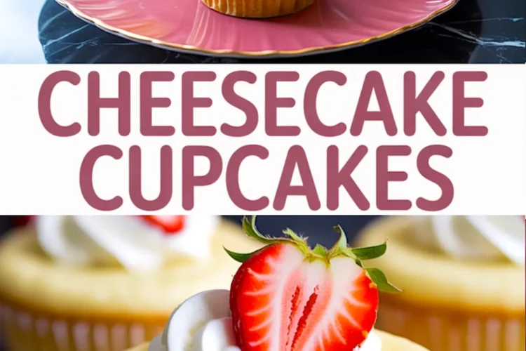 Collage showing three cheesecake cupcakes topped with whipped cream and strawberry halves on a pink plate, and a close-up of a cupcake with a bite showing creamy filling and graham cracker crust.